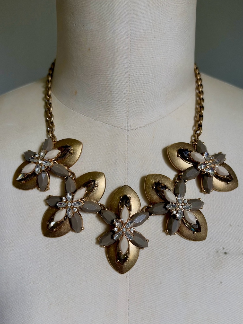 J. Crew Matte Gold & Rhinestone Statement Necklace 5 Almond Shape Neutral Colors